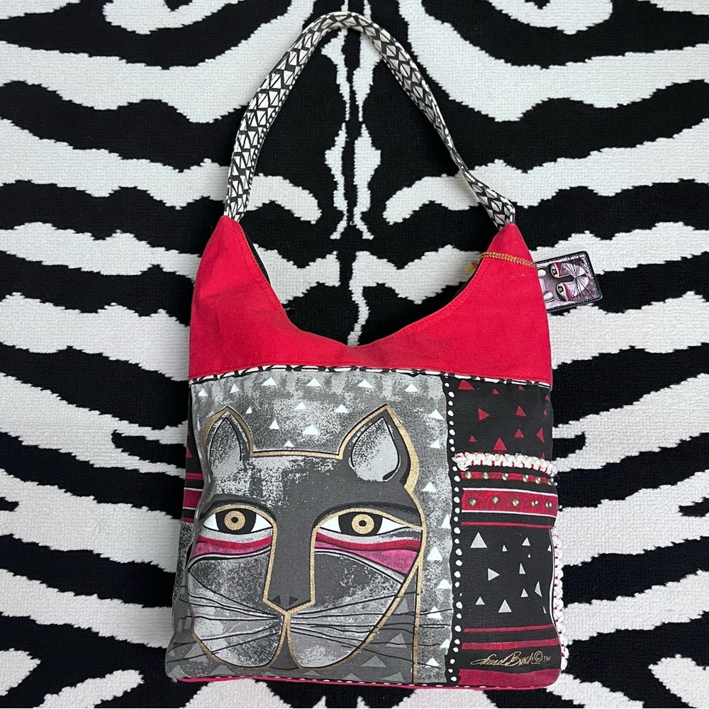 LAUREL BURCH Festive Feline Cat Print Canvas Tote BAG/Shoulder Bag